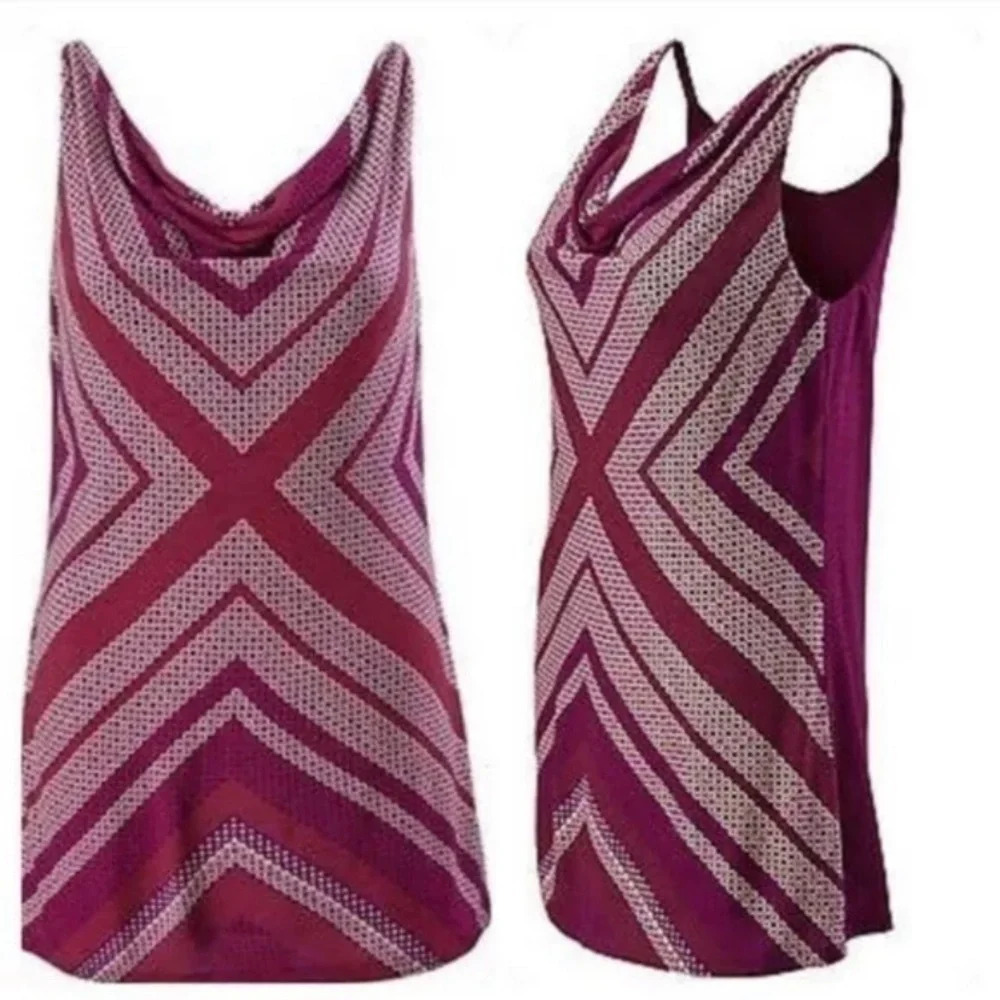 CAbi #3084 Celebrate Geometric Dot Drape Neck Maroon Cream Purple Blouse Rayon S